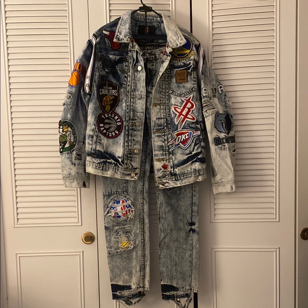 Denim Jacket and jeans set with NBA Patches